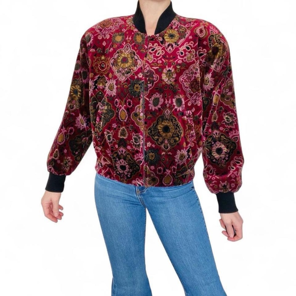 Vintage 90’s Tan Jay Burgundy Pink Floral Abstract Light Jacket